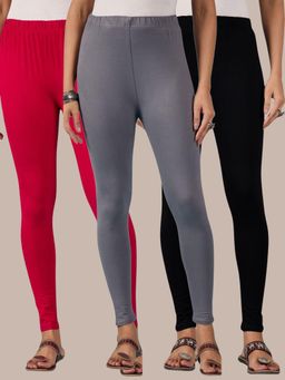 Buynewtrend - Cotton Pink Black Grey Women Leggings (Pack of 3)