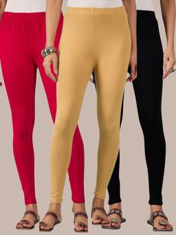 Buynewtrend - Cotton Pink Black Beige Women Leggings (Pack of 3)