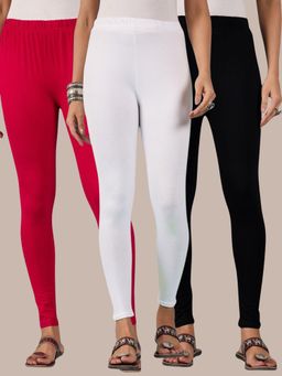 Buynewtrend - Cotton Pink Black White Women Leggings (Pack of 3)