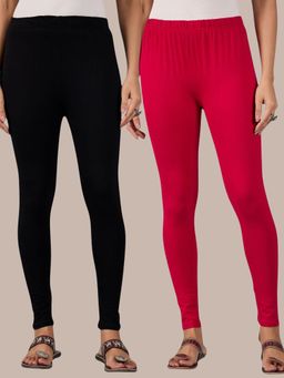 Buynewtrend - Cotton Pink Black Women Leggings (Pack of 2)