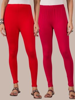 Buynewtrend - Cotton Pink Red Women Leggings (Pack of 2)