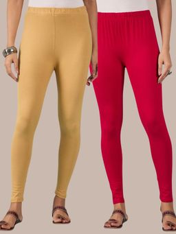Buynewtrend - Cotton Pink Beige Women Leggings (Pack of 2)