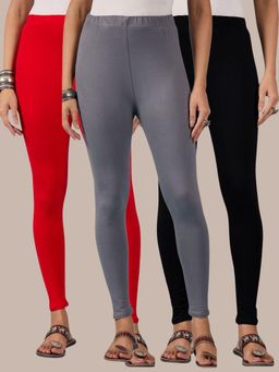 Buynewtrend - Cotton Black Red Grey Women Leggings (Pack of 3)