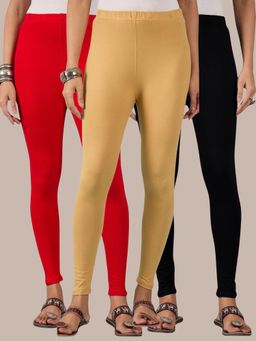 Buynewtrend - Cotton Black Red Beige Women Leggings (Pack of 3)