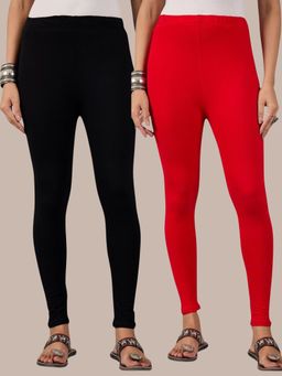 Buynewtrend - Cotton Black Red Women Leggings (Pack of 2)