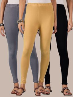 Buynewtrend - Cotton Black Grey Beige Women Leggings (Pack of 3)