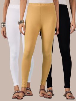 Buynewtrend - Cotton Black Beige White Women Leggings (Pack of 3)