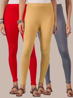 Buynewtrend - Cotton Red Grey Beige Women Leggings (Pack of 3)