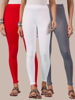 Buynewtrend - Cotton Red Grey White Women Leggings (Pack of 3)