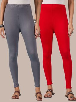Buynewtrend - Cotton Red Grey Women Leggings (Pack of 2)
