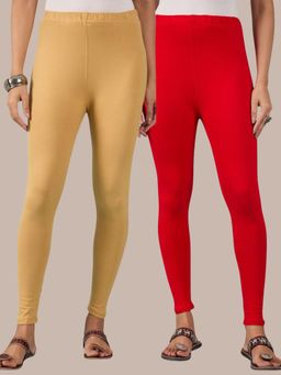 Buynewtrend - Cotton Red Beige Women Leggings (Pack of 2)
