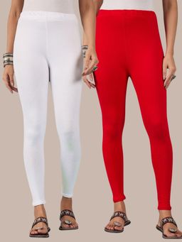 Buynewtrend - Cotton Red White Women Leggings (Pack of 2)