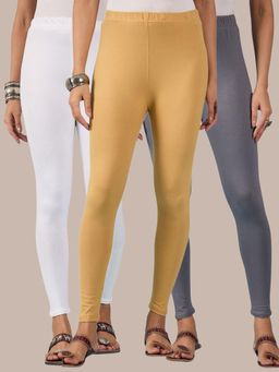 Buynewtrend - Cotton Grey Beige White Women Leggings (Pack of 3)