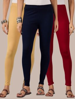 Buynewtrend - Cotton Beige Maroon Navy Women Leggings (Pack of 3)