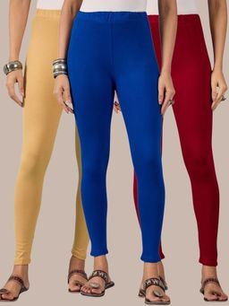 Buynewtrend - Cotton Beige Maroon Royal Women Leggings (Pack of 3)