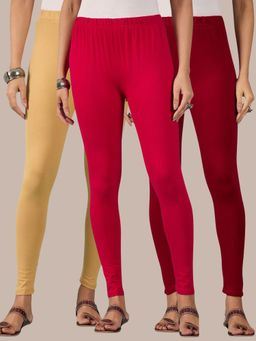 Buynewtrend - Cotton Beige Maroon Pink Women Leggings (Pack of 3)