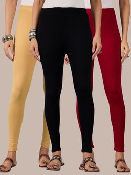 Buynewtrend - Cotton Beige Maroon Black Women Leggings (Pack of 3)