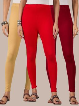 Buynewtrend - Cotton Beige Maroon Red Women Leggings (Pack of 3)