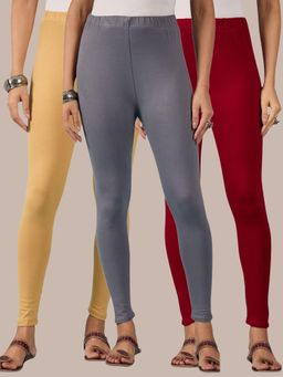 Buynewtrend - Cotton Beige Maroon Grey Women Leggings (Pack of 3)