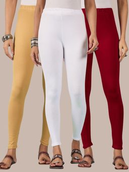 Buynewtrend - Cotton Beige Maroon White Women Leggings (Pack of 3)