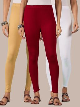 Buynewtrend - Cotton Beige White Maroon Women Leggings (Pack of 3)