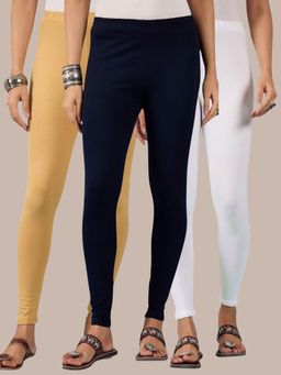 Buynewtrend - Cotton Beige White Navy Women Leggings (Pack of 3)