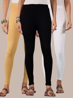 Buynewtrend - Cotton Beige White Black Women Leggings (Pack of 3)