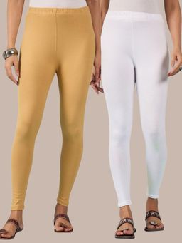 Buynewtrend - Cotton Beige White Women Leggings (Pack of 2)