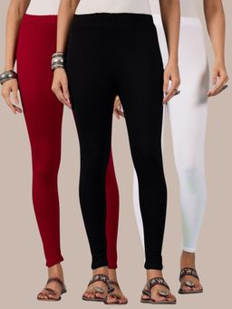 Buynewtrend - Cotton White Maroon Black Women Leggings (Pack of 3)