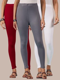 Buynewtrend - Cotton White Maroon Grey Women Leggings (Pack of 3)