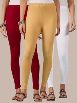 Buynewtrend - Cotton White Maroon Beige Women Leggings (Pack of 3)