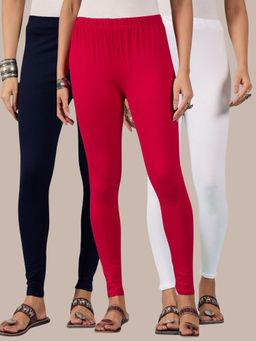 Buynewtrend - Cotton White Navy Pink Women Leggings (Pack of 3)