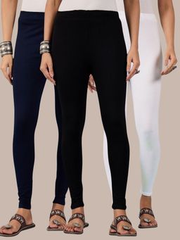 Buynewtrend - Cotton White Navy Black Women Leggings (Pack of 3)