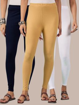 Buynewtrend - Cotton White Navy Beige Women Leggings (Pack of 3)