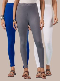 Buynewtrend - Cotton White Royal Grey Women Leggings (Pack of 3)