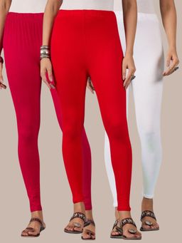 Buynewtrend - Cotton White Pink Red Women Leggings (Pack of 3)
