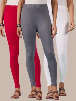 Buynewtrend - Cotton White Pink Grey Women Leggings (Pack of 3)