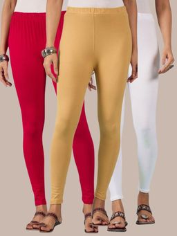 Buynewtrend - Cotton White Pink Beige Women Leggings (Pack of 3)