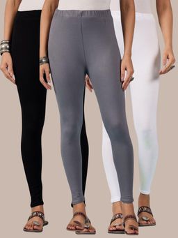 Buynewtrend - Cotton White Black Grey Women Leggings (Pack of 3)