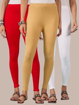 Buynewtrend - Cotton White Red Beige Women Leggings (Pack of 3)