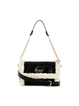 Guess - Black Solid Fur Davika Flap Shoulder Bag