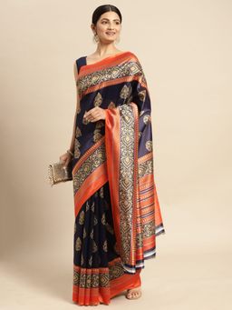 Sangam Prints - Navy Blue Art Silk Printed Traditional Saree with Unstitched Blouse