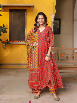 Roohaniyat - Red Floral Block Printed Angarkha with Pant & Dupatta (Set of 3)
