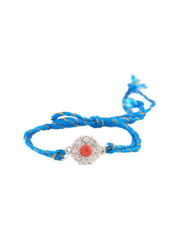Estele - Rhodium Plated Devotional Flower Rakhi with Crystals and Fancy Silk Thread
