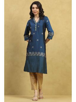 Rangriti - Navy Blue Polyester Blend Printed Straight Kurta