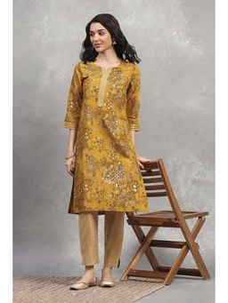 Rangriti - Mustard Viscose Blend Printed Straight Kurta