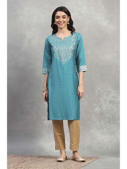 Rangriti - Teal Viscose Blend Solid Straight Kurta