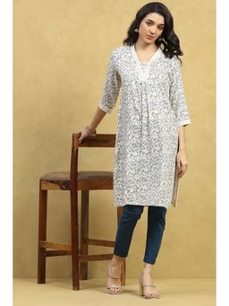 Rangriti - Off White Viscose Rayon Printed Straight Kurta