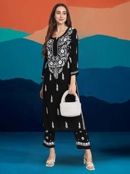 PARAMOUNT CHIKAN - Black Hand Embroidered Chikankari Kurta with Pant