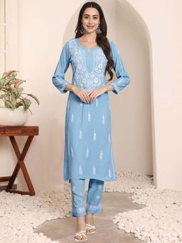 PARAMOUNT CHIKAN - Blue Hand Embroidered Chikankari Kurta with Pant